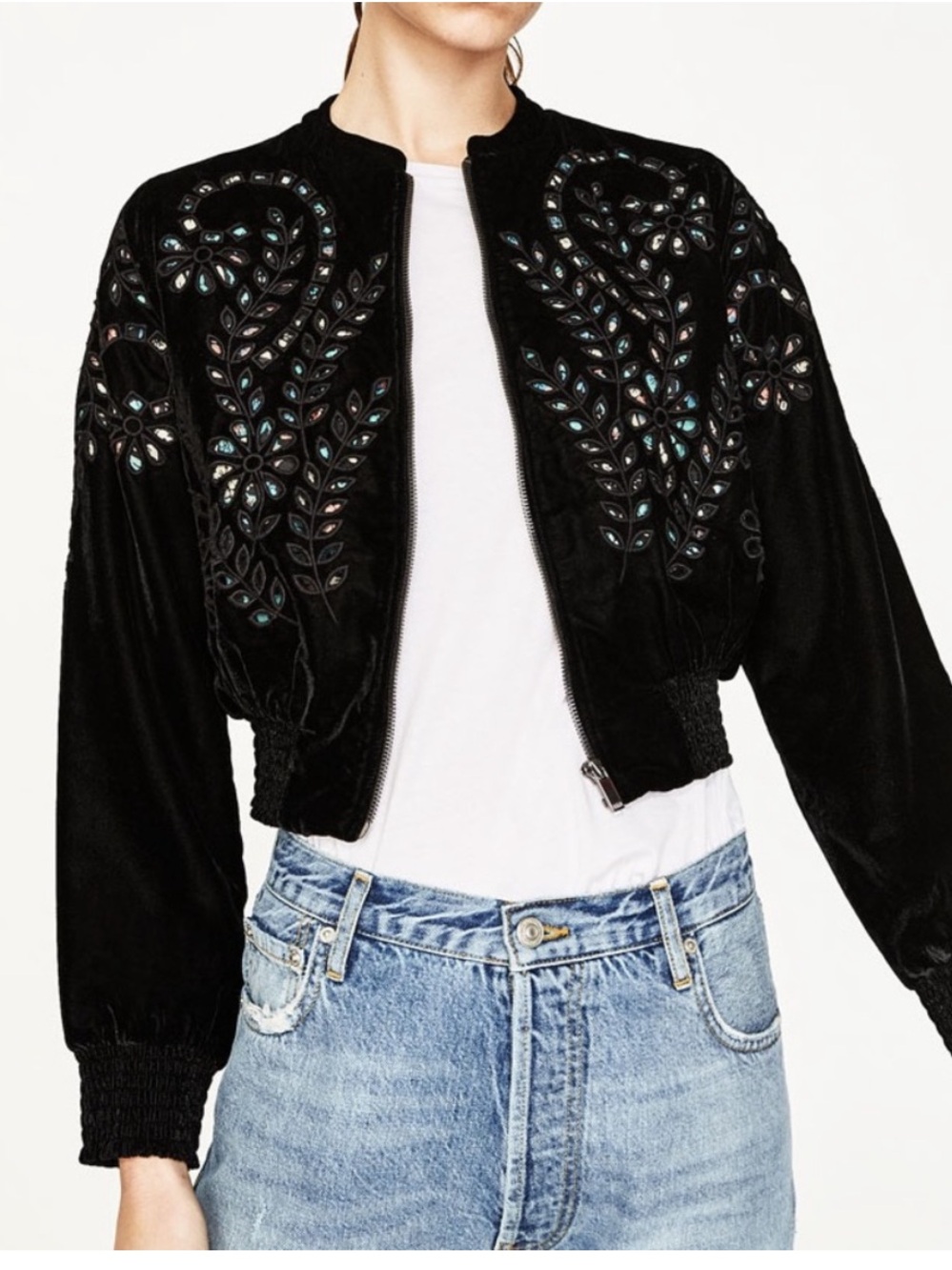 Zara Black Velvet Floral Cutout Embroidered Cropped Bomber Jacket Size Medium